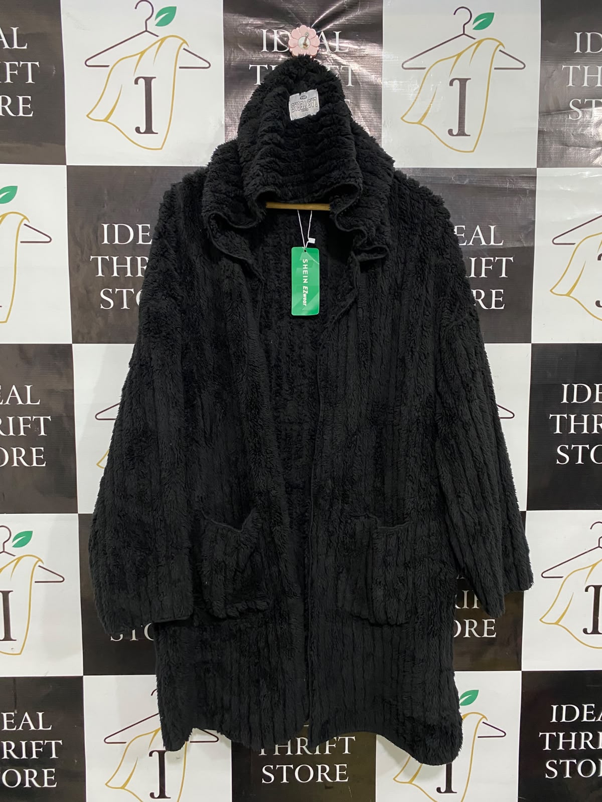 SHEIN CURVE |XL| BUST 30| A35| BLACK PLUSH HOODED TEXTURED LONG CARDIGAN COAT