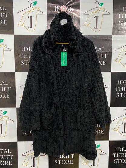 SHEIN CURVE |XL| BUST 30| A35| BLACK PLUSH HOODED TEXTURED LONG CARDIGAN COAT
