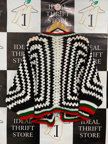 KF |S| BUST FREE| A35| BLACK & WHITE CROCHET WATERMELON POCKET CARDIGAN