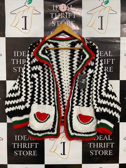 KF |S| BUST FREE| A35| BLACK & WHITE CROCHET WATERMELON POCKET CARDIGAN