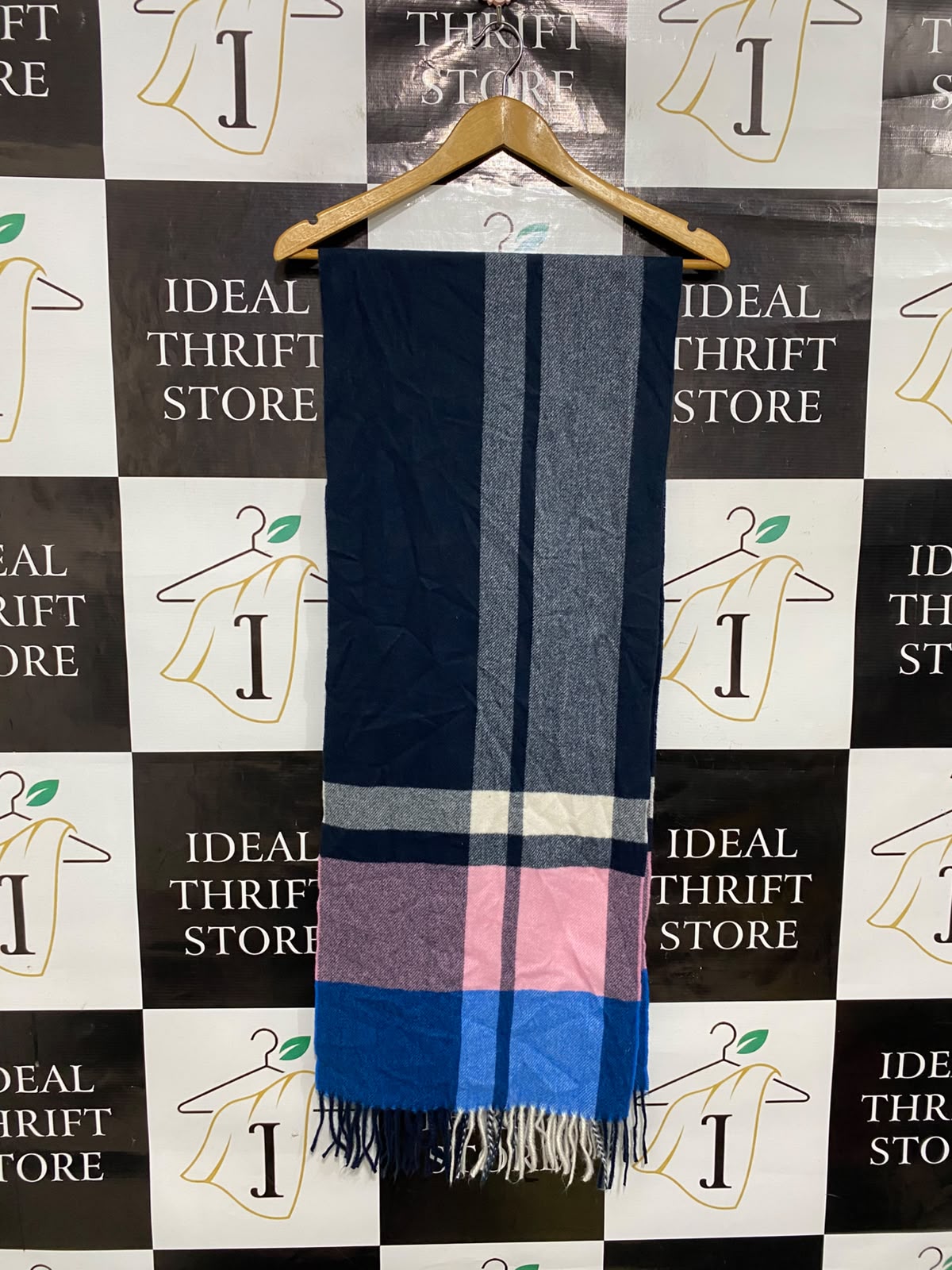 M&S NAVY BLUE COLORBLOCK PLAID WINTER SCARF WITH FRINGE