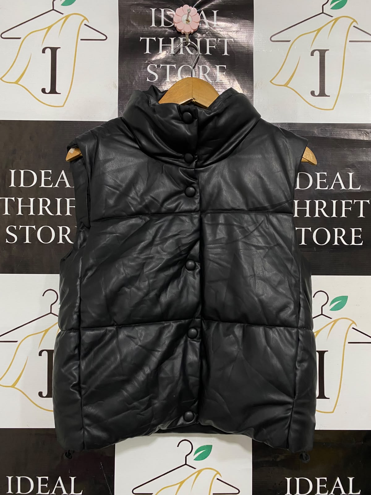 ZARA |XS| BUST 19| A35| BLACK FAUX-LEATHER PUFFER VEST COAT