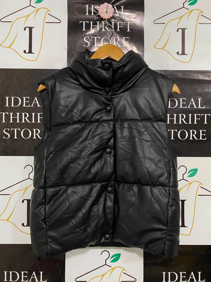 ZARA |XS| BUST 19| A35| BLACK FAUX-LEATHER PUFFER VEST COAT