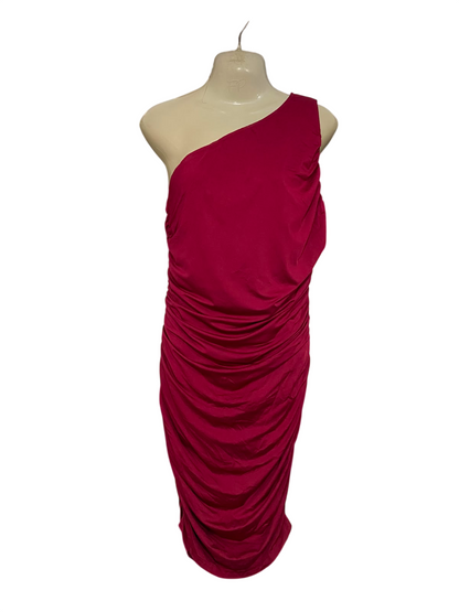 PRETTY GARDEN |M| BUST 16| A37| MAGENTA PINK ONE-SHOULDER RUCHED BODYCON MIDI DRESS