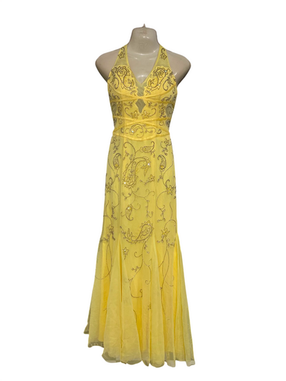 CACHE |XS| BUST 15| A37| YELLOW BEADED & EMBROIDERED PAISLEY HALTER FORMAL MAXI DRESS