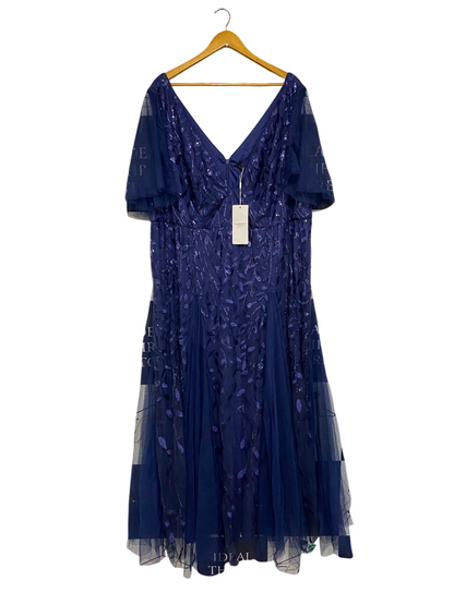 EVER PRETTY |XL| BUST 23| A37| NAVY BLUE FLORAL EMBROIDERED MESH SHORT-SLEEVE MIDI DRESS