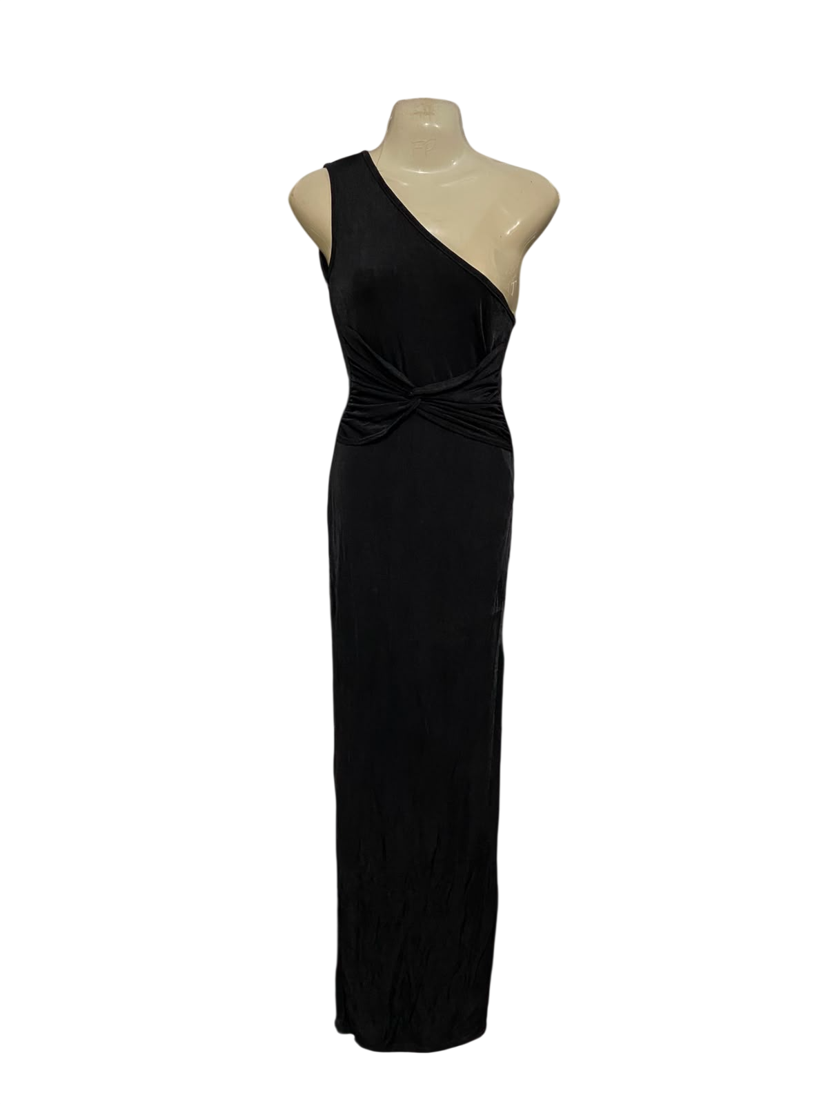 BOOHOO |S| BUST 15| A37| BLACK ONE-SHOULDER TWIST-DETAIL SLINKY FORMAL MAXI DRESS