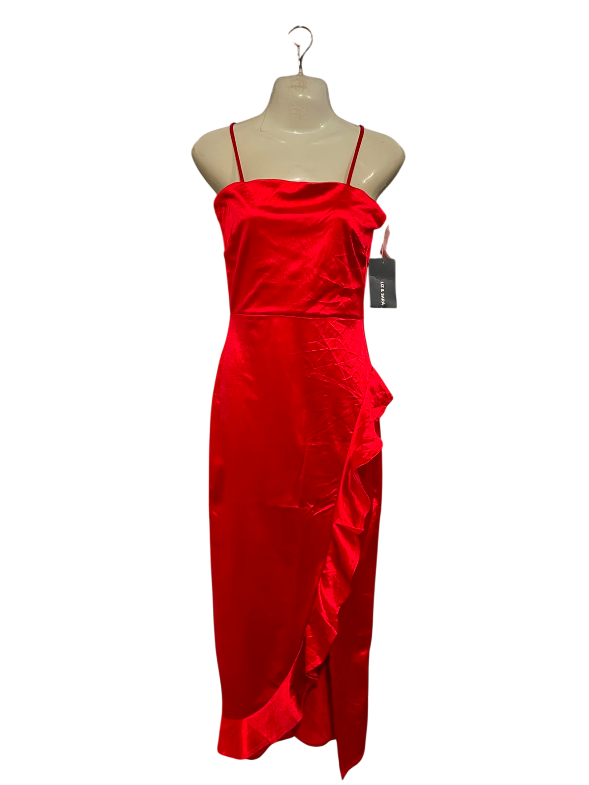 LIZ & SARA |M| BUST 16| A37| CRIMSON RED SATIN RUFFLE-TRIM SPAGHETTI STRAP MIDI DRESS