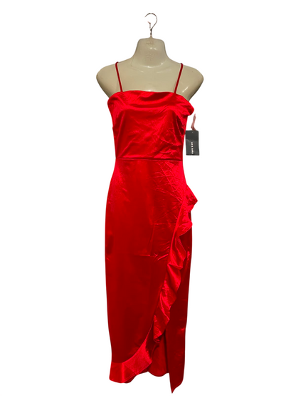 LIZ & SARA |M| BUST 16| A37| CRIMSON RED SATIN RUFFLE-TRIM SPAGHETTI STRAP MIDI DRESS