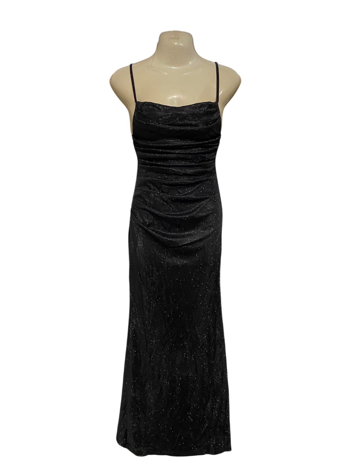|XS| BUST 15| A37| BLACK GLITTER COWL-NECK RUCHED SPAGHETTI STRAP MAXI DRESS