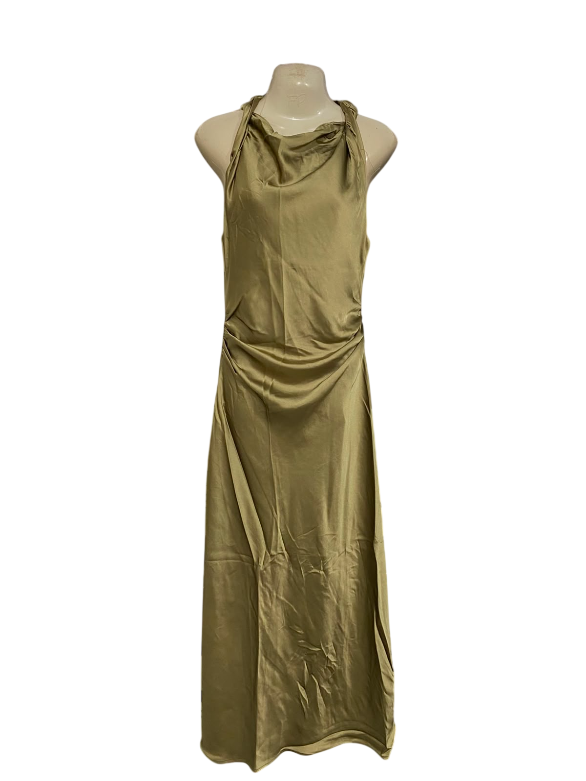 ZARA |S| BUST 16| A37| OLIVE GREEN SATIN COWL-NECK HALTER RUCHED MAXI DRESS