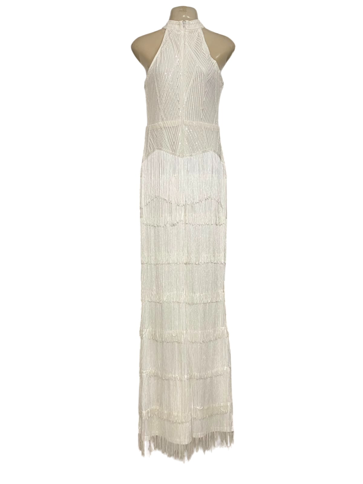 LOVE & LEMONADE |L| BUST 16| A37| WHITE SEQUIN & FRINGE HALTER-NECK FORMAL MAXI DRESS