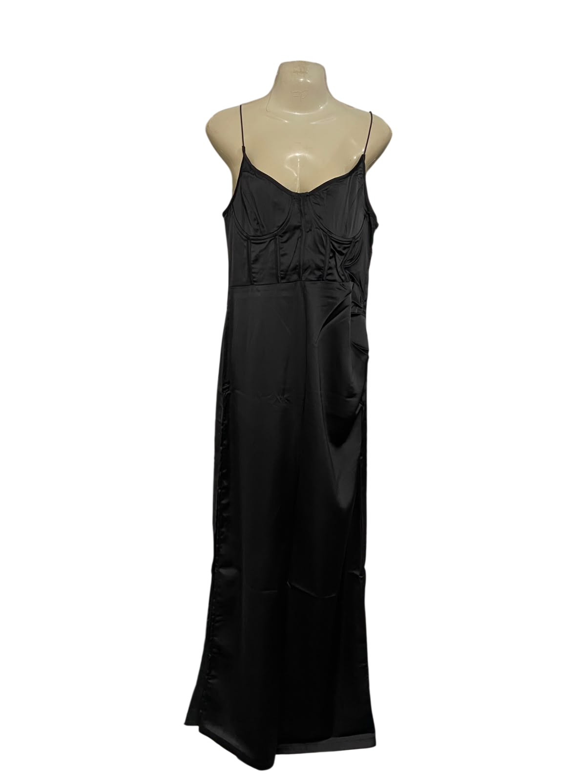 PRETTYLITTLE THING |M| BUST 16| A37| BLACK SATIN CORSET-STYLE SPAGHETTI STRAP MAXI DRESS