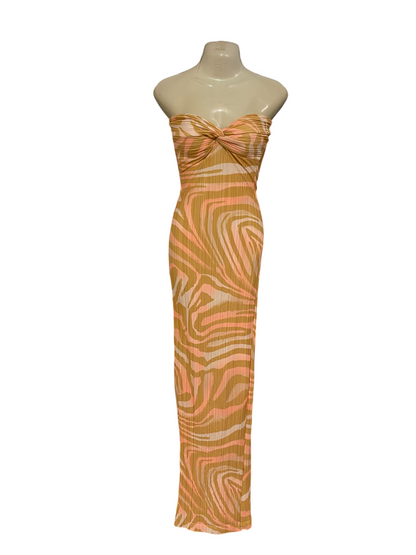 PRETTYLITTLE THING |S| BUST 16| A37| PEACH & MUSTARD ABSTRACT SWIRL STRAPLESS TWIST-FRONT MAXI DRESS