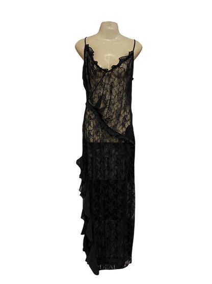 MISSPAP |M| BUST 17| A37| BLACK FLORAL LACE RUFFLE TRIM SPAGHETTI STRAP MAXI DRESS