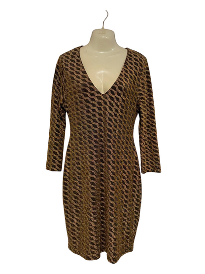 NEW LOOK |S| BUST 16| A37| BROWN & GOLD GEOMETRIC GLITTER V-NECK THREE-QUARTER SLEEVE MIDI DRESS