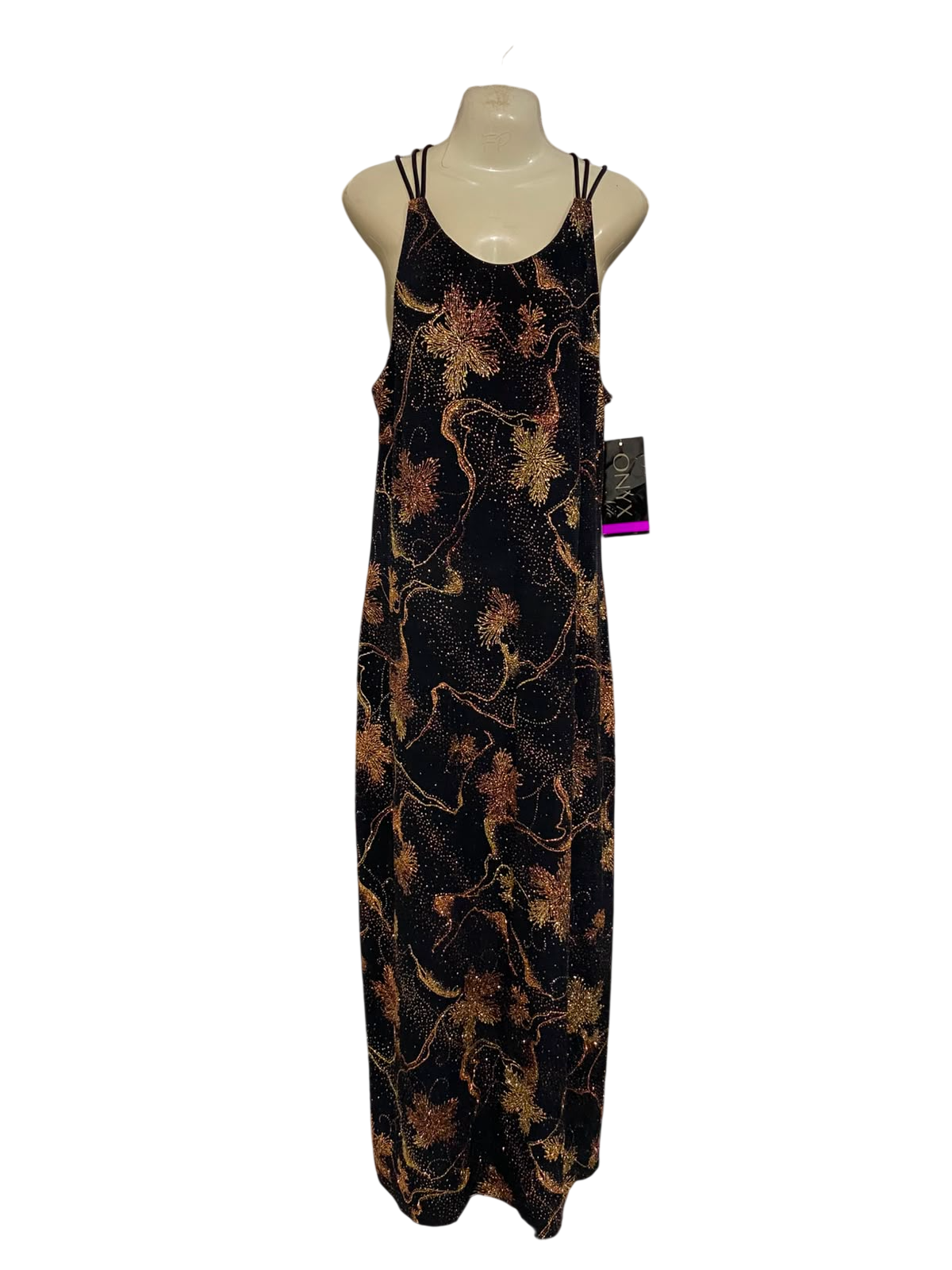 WENDYE CHAITIN |L| BUST 19| A37| BLACK & GOLD GLITTER FLORAL STRAPPY MAXI DRESS