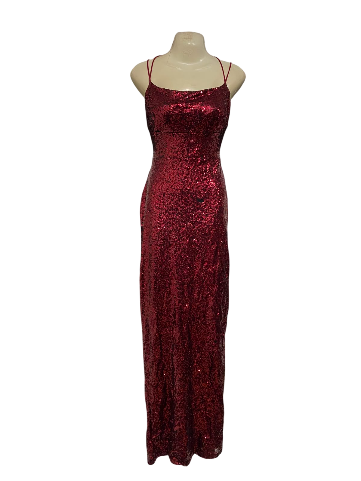 WINDSOR |S| BUST 15| A37| CRIMSON RED SEQUIN SPAGHETTI STRAP FORMAL MIDI DRESS
