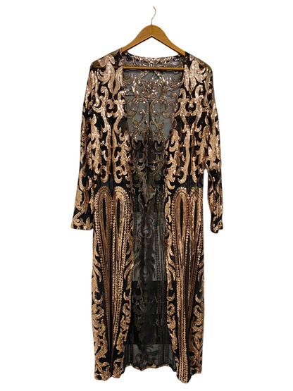 |L| BUST 20| A37| BLACK & ROSE GOLD BAROQUE SEQUIN SHEER MIDI KIMONO CARDIGAN
