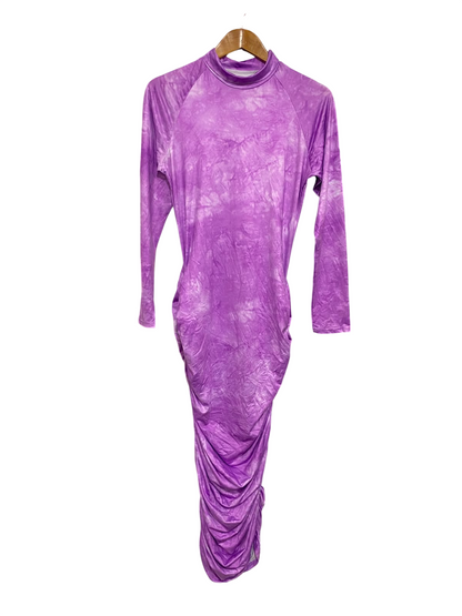 |L| BUST 17| A37| PURPLE TIE-DYE MOCK NECK LONG SLEEVE RUCHED MIDI DRESS