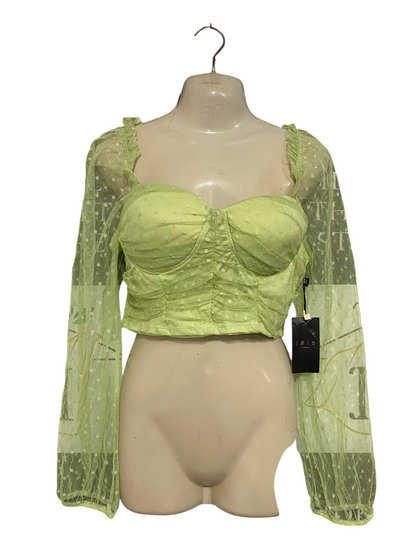 IRIS |S| BUST 15| A37| PISTACHIO GREEN SWISS-DOT MESH CORSET CROP TOP