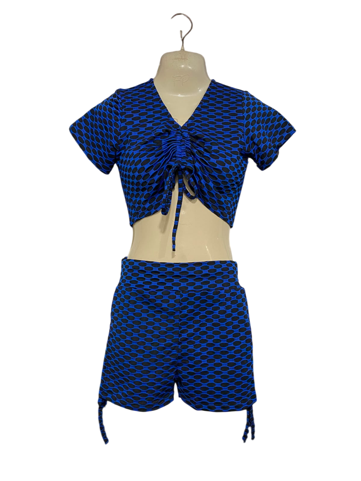 |L| A37| ROYAL BLUE & BLACK BUBBLE TEXTURE CROP TOP AND SHORTS LOUNGE SET