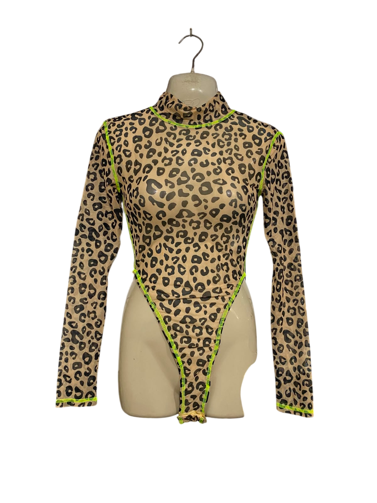 OH POLLY |XS| BUST 14| A37| LEOPARD PRINT MOCK NECK LONG SLEEVE THONG BODYSUIT WITH NEON STITCHING