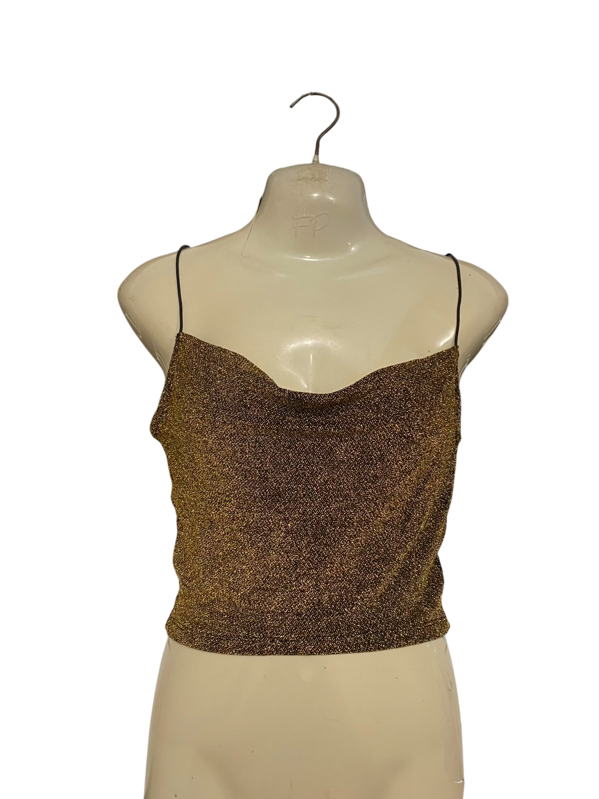 H&M |XS| BUST 15| A37| BRONZE GLITTER COWL NECK SPAGHETTI STRAP CROP TOP