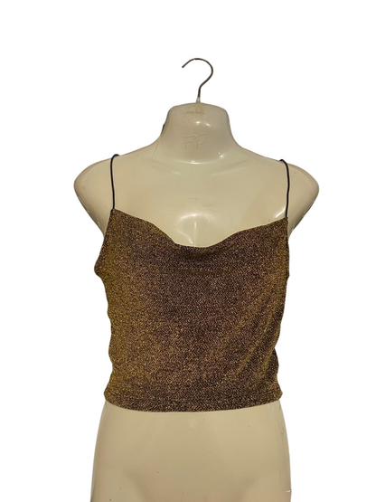 H&M |XS| BUST 15| A37| BRONZE GLITTER COWL NECK SPAGHETTI STRAP CROP TOP