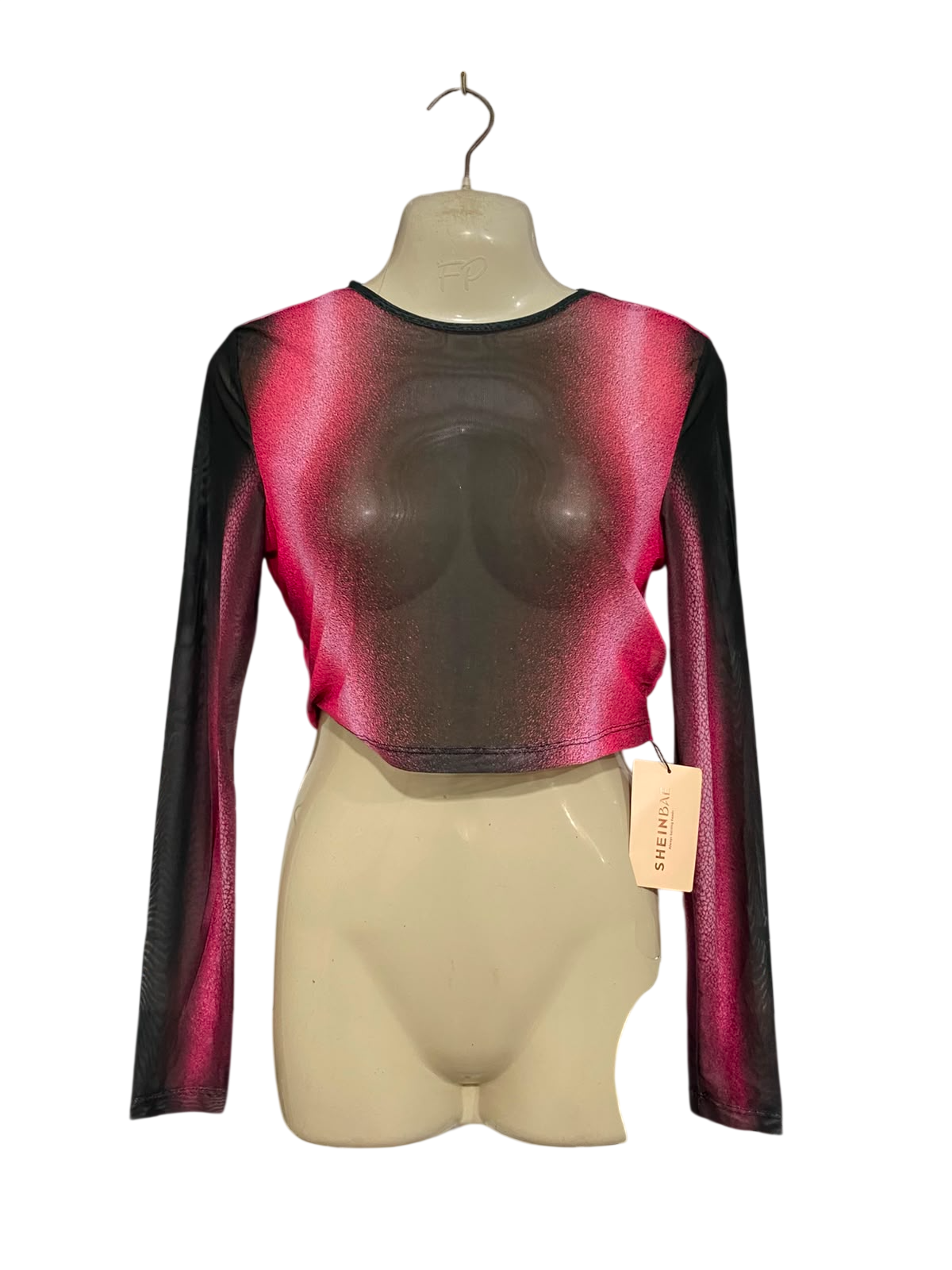 SHEIN |S| BUST 15| A37| PINK & BLACK OMBRE MESH LONG SLEEVE CROP TOP