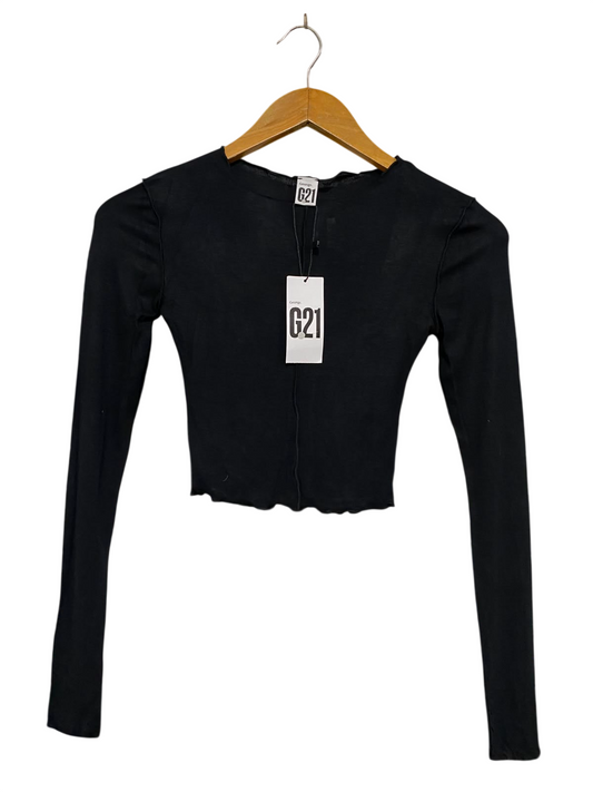 GEORGE |XS| BUST 11| A37| G21 BLACK LETTUCE-EDGE LONG SLEEVE CROP TOP
