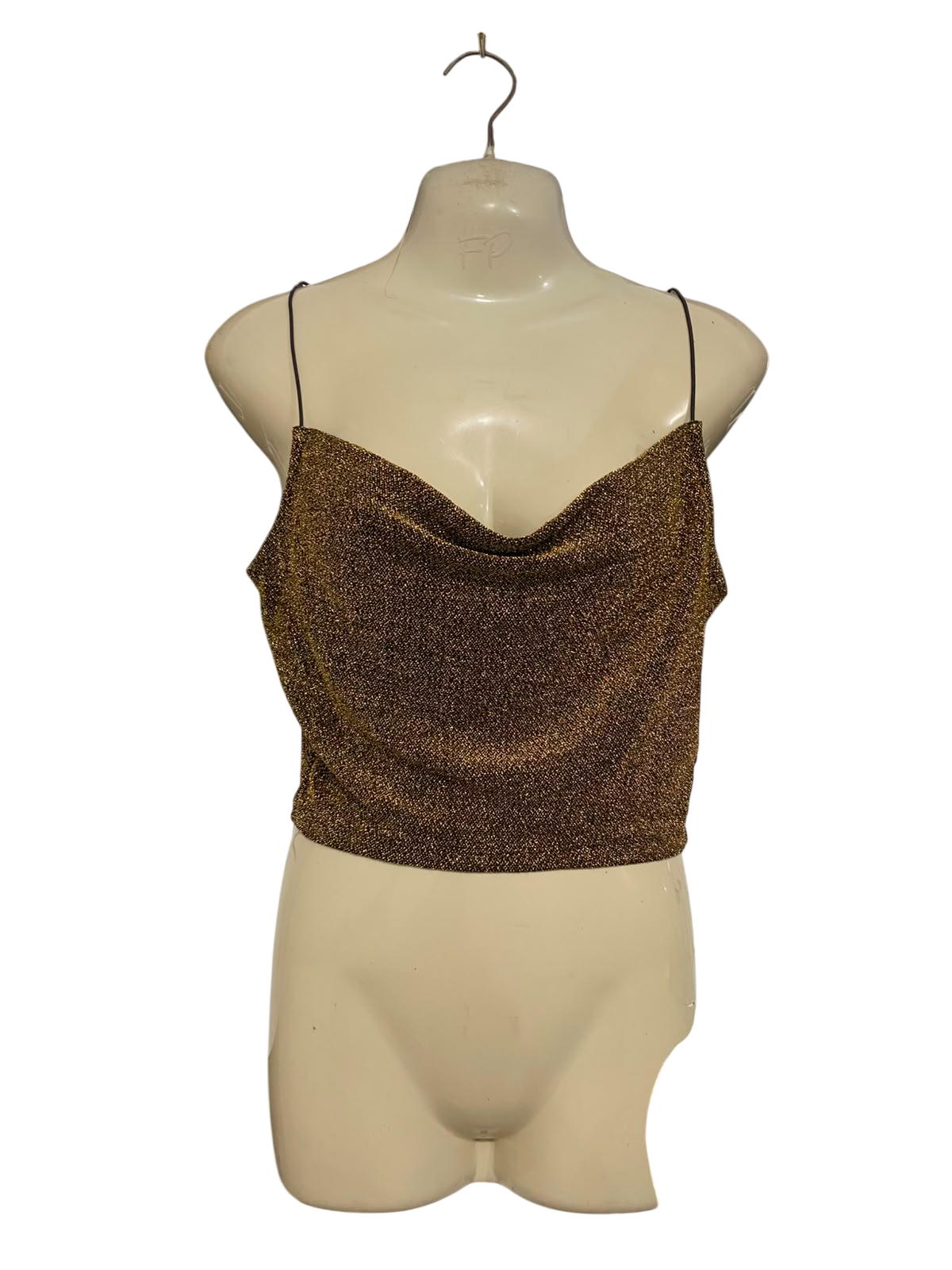 H&M |S| BUST 16| A37| BRONZE GLITTER COWL NECK SPAGHETTI STRAP CROP TOP