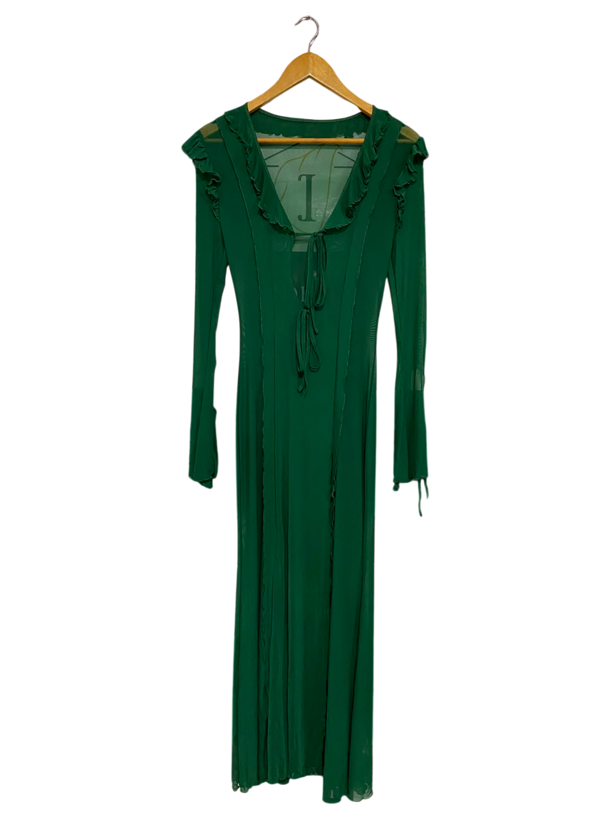 SHEIN |XS| BUST 15| A37| EMERALD GREEN RUFFLE-TRIM MESH TIE-FRONT MIDI DRESS