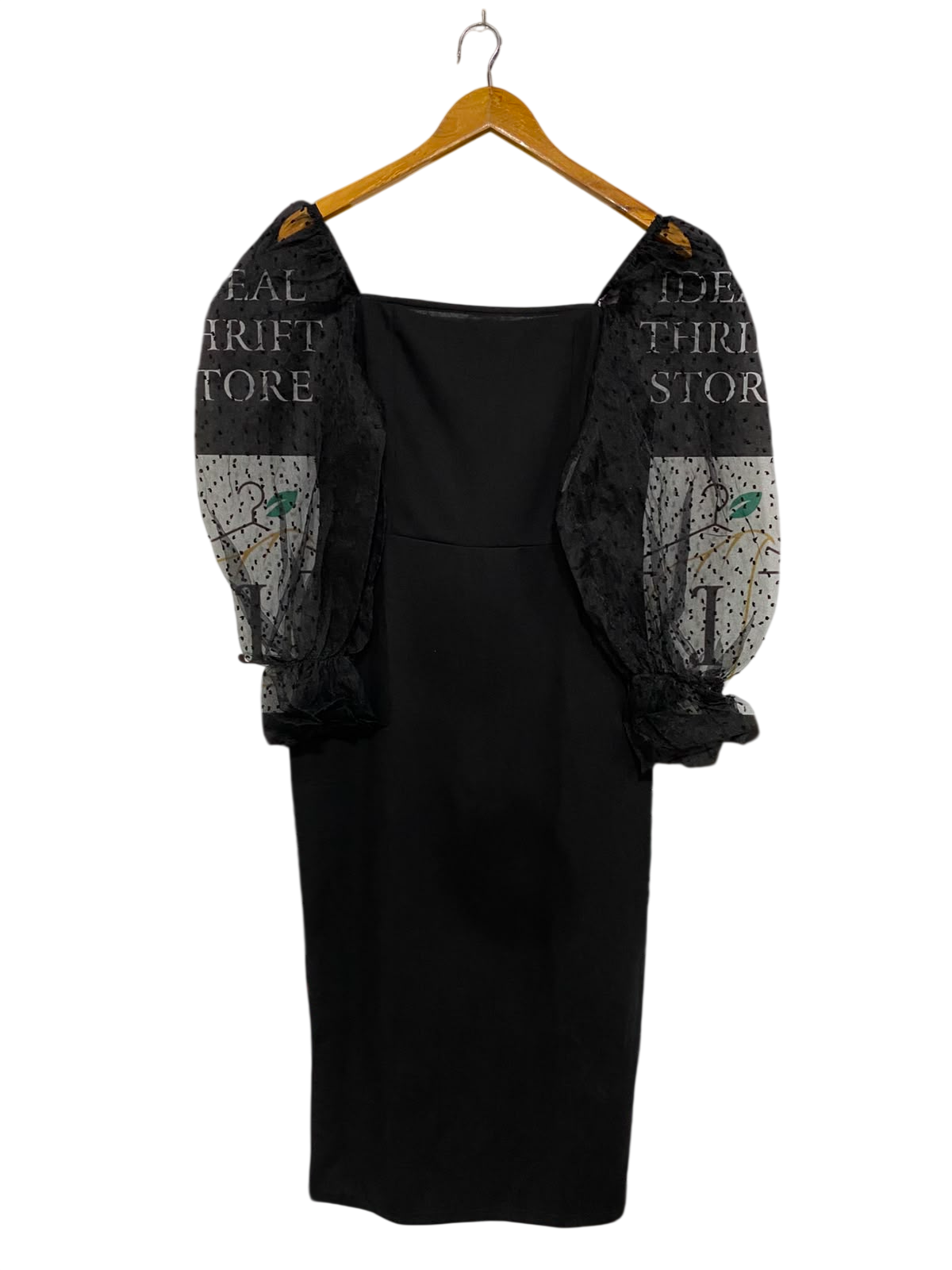 SHEIN |L| BUST 15| A37| BLACK MIDI DRESS WITH SHEER POLKA-DOT PUFF SLEEVES