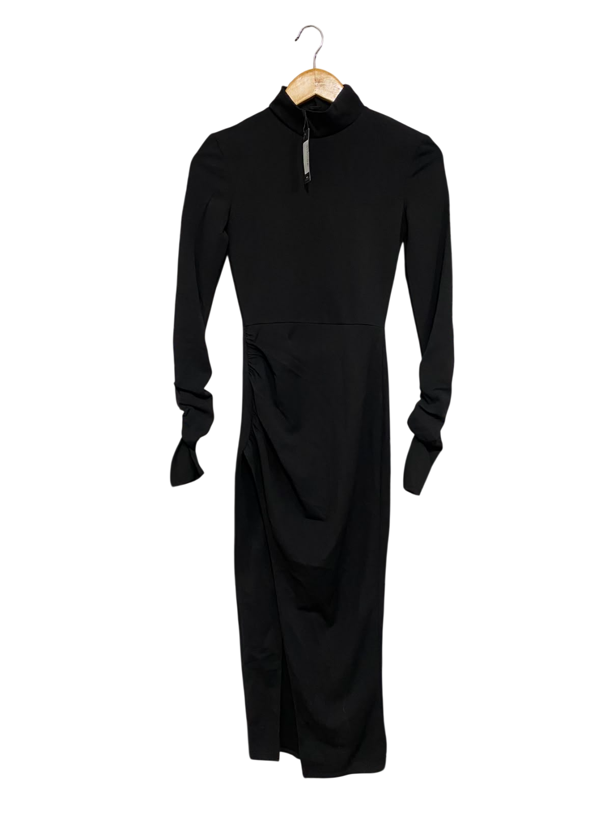 PRETTYLITTLE THING |S| BUST 13| A37| BLACK MOCK NECK RUCHED SLIT MIDI DRESS