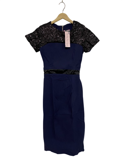 THE PRETTY DRESS |S| BUST 14| A37| NAVY BLUE & BLACK SEQUIN SHOULDER PENCIL DRESS