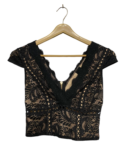 RIVER ISLAND |S| BUST 13| A37| BLACK CROCHET LACE SCALLOPED V-NECK CROP TOP
