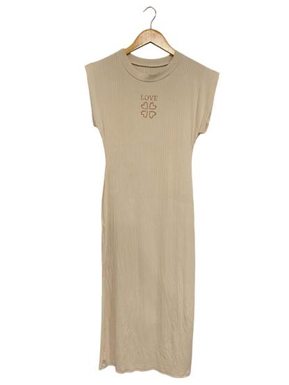 |S| BUST 14| A37| BEIGE RIBBED "LOVE" RHINESTONE ACCENT MIDI DRESS