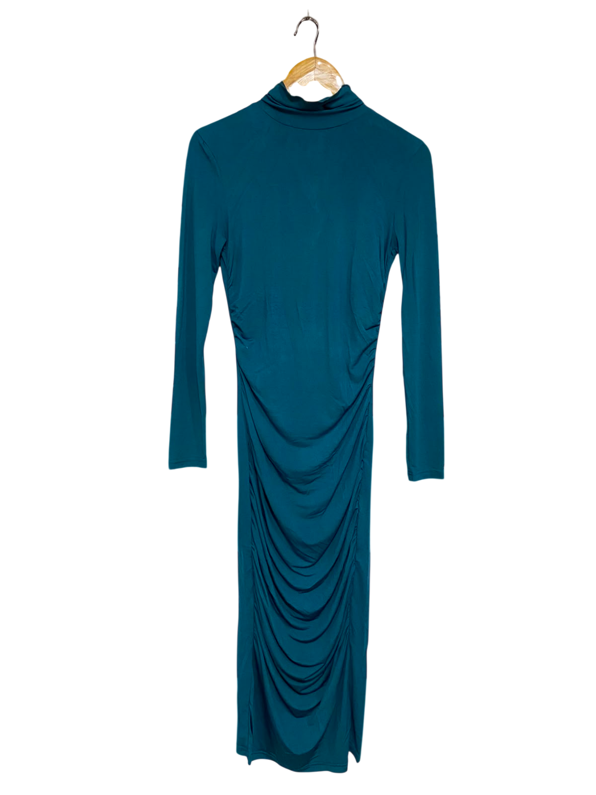 SHEIN |M| BUST 14| A37| TEAL MOCK NECK RUFFLED SLINKY MIDI DRESS