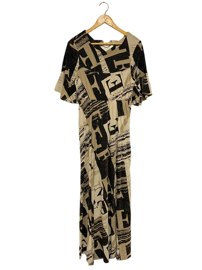 |S| BUST 16| A37| BLACK & BEIGE NEWSPAPER PRINT FLARED MIDI DRESS