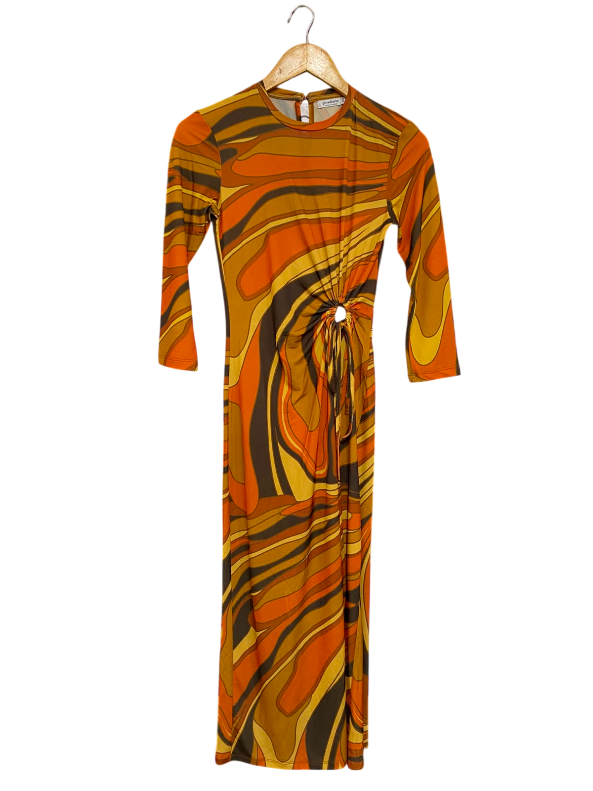 STRADIVARIUS |S| BUST 15| A37| ORANGE & BROWN SWIRL ABSTRACT PRINT MIDI DRESS