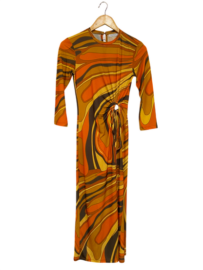 STRADIVARIUS |S| BUST 15| A37| ORANGE & BROWN SWIRL ABSTRACT PRINT MIDI DRESS