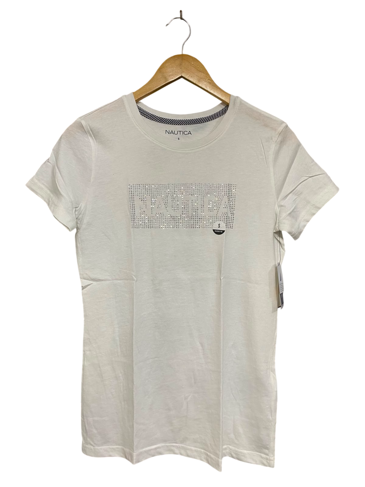 NAUTICA |S| BUST 17| A37| WHITE RHINESTONE LOGO FITTED T-SHIRT
