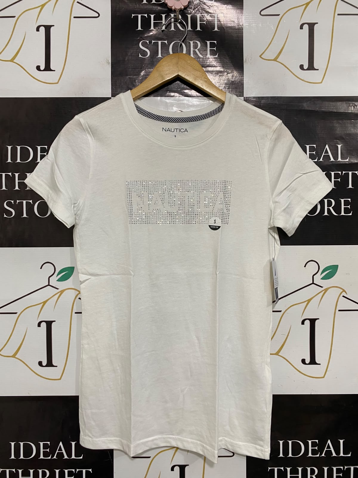 NAUTICA |S| BUST 17| A37| WHITE RHINESTONE LOGO FITTED T-SHIRT