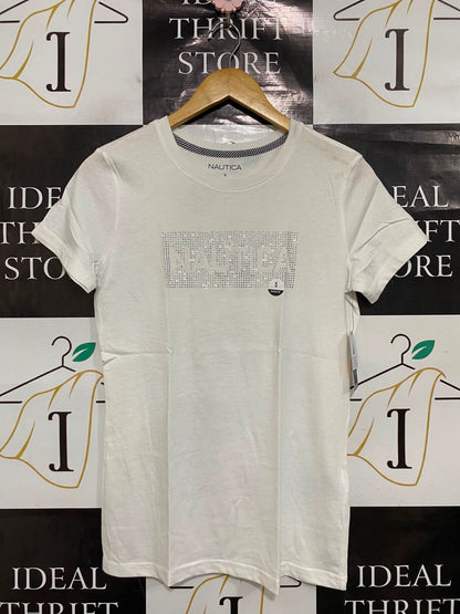 NAUTICA |S| BUST 17| A37| WHITE RHINESTONE LOGO FITTED T-SHIRT