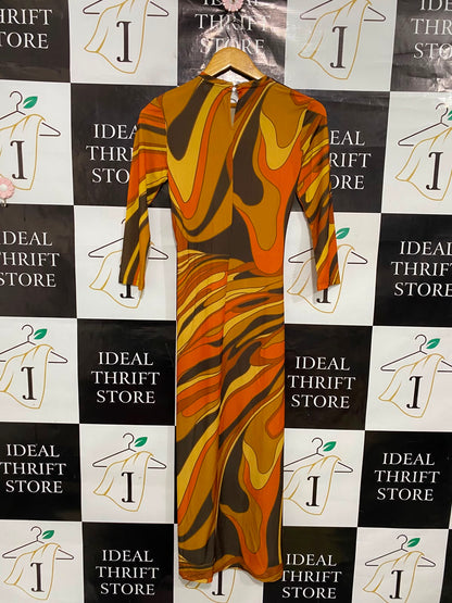 STRADIVARIUS |S| BUST 15| A37| ORANGE & BROWN SWIRL ABSTRACT PRINT MIDI DRESS