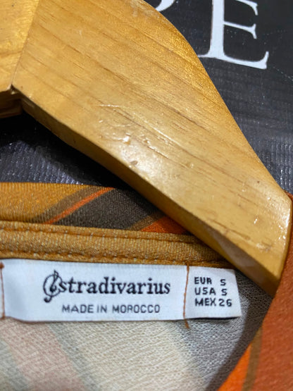 STRADIVARIUS |S| BUST 15| A37| ORANGE & BROWN SWIRL ABSTRACT PRINT MIDI DRESS