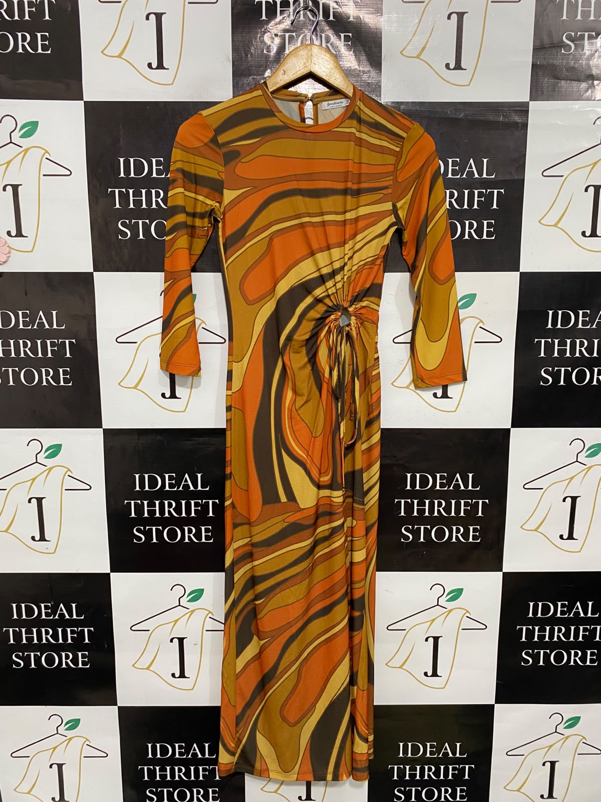 STRADIVARIUS |S| BUST 15| A37| ORANGE & BROWN SWIRL ABSTRACT PRINT MIDI DRESS