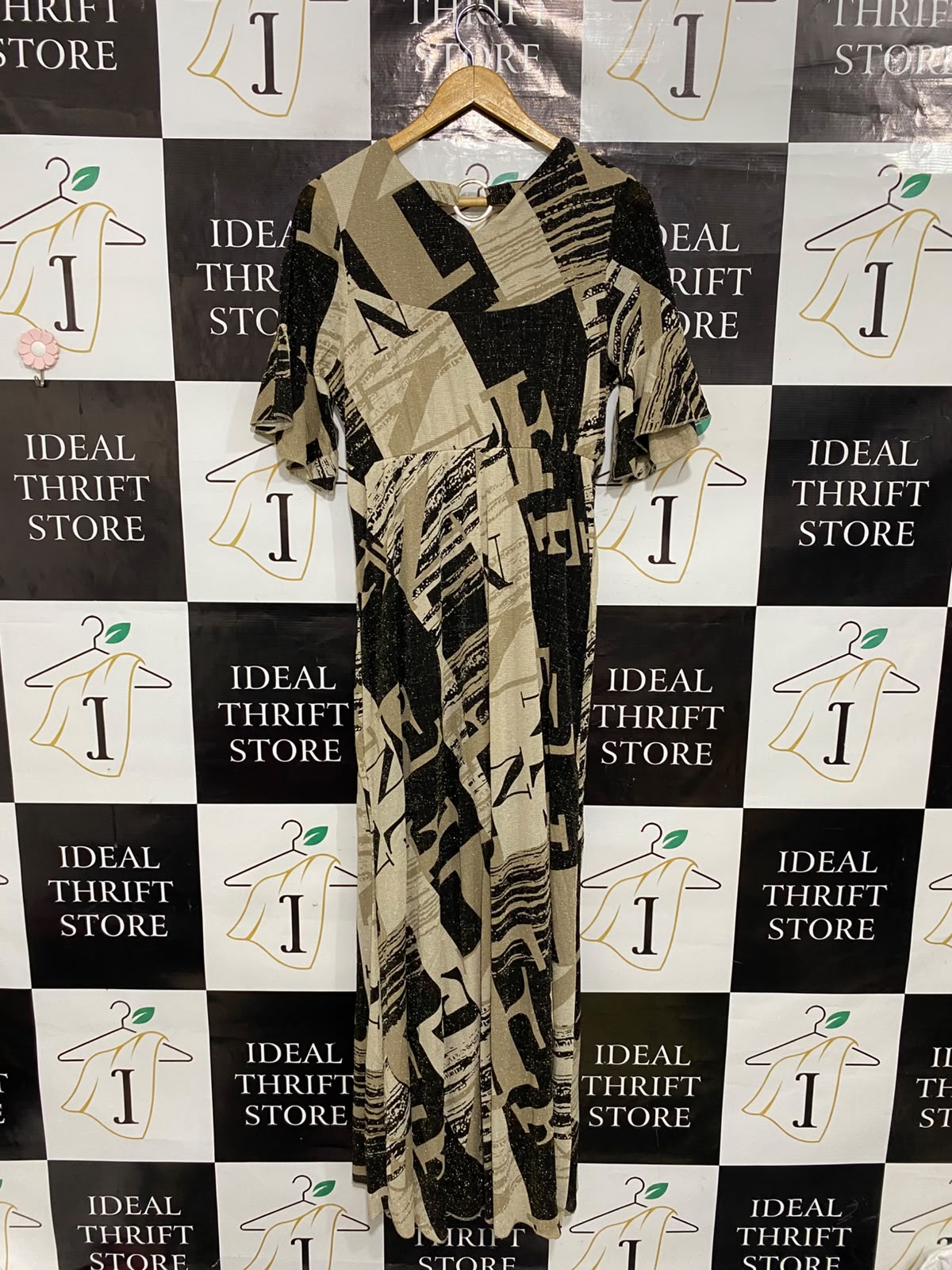 |S| BUST 16| A37| BLACK & BEIGE NEWSPAPER PRINT FLARED MIDI DRESS