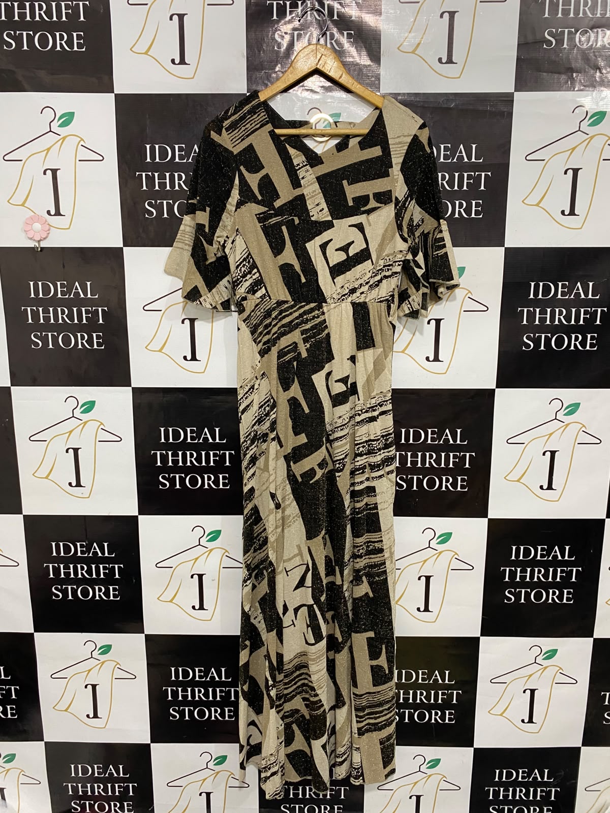 |S| BUST 16| A37| BLACK & BEIGE NEWSPAPER PRINT FLARED MIDI DRESS